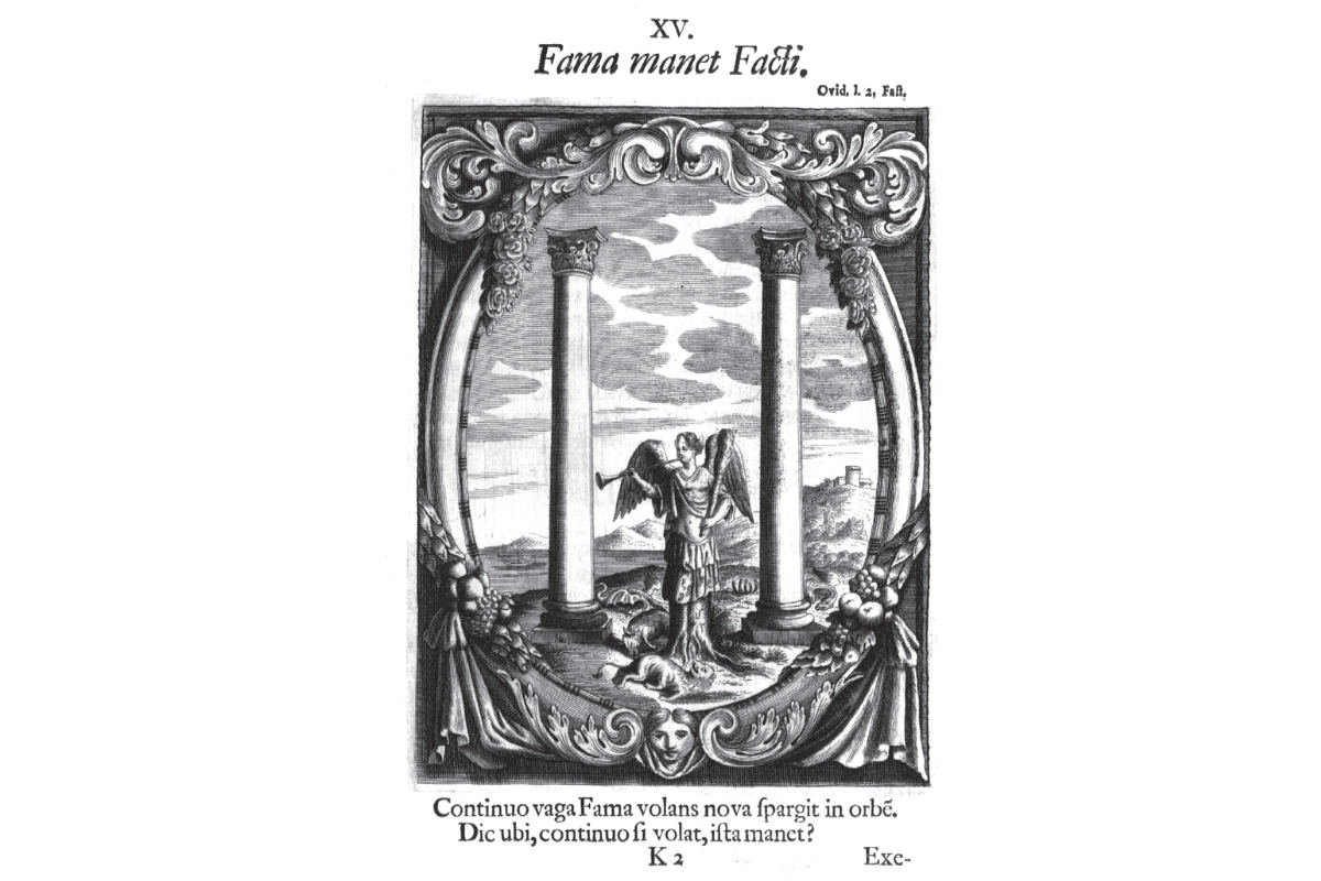 Philipp Kilian / Justus van den Nypoort: Emblem Fama manet Facti (lat. „Der Ruhm der Taten bleibt“). In: Paris Gille: Novum Tres Inter Deas Junonem, Venerem Et Palladem Paridis Judicium. Johannes Baptist Mayr, Salzburg 1694.[238]